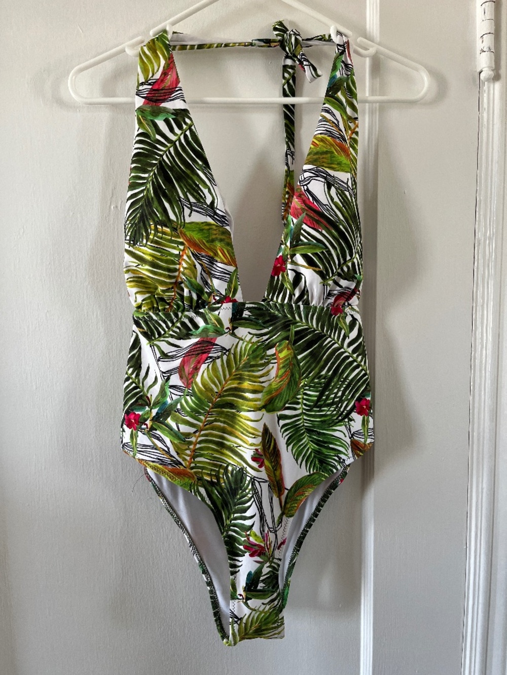 Tropical Jungle Green White Pink Floral Women’s Bathing Suit One Piece Medium